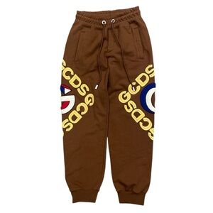 GCDS Small brown embroidered 3D logo sweatpants with metal tie logos intact